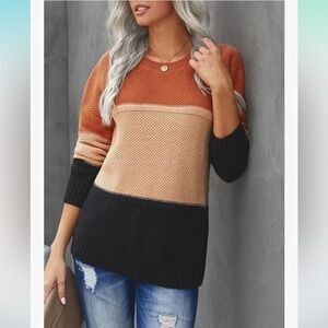 Colorblock Crewneck Sweater - Orange, Pink, and Black Striped Soft Comfy Casual